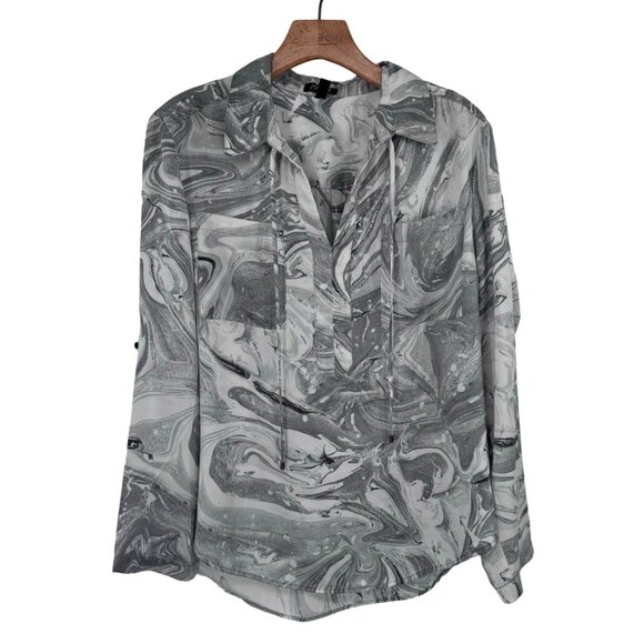 Jones New York Womens gray Marble Print Long roll tab Sleeve Blouse Size Large - Picture 1 of 12